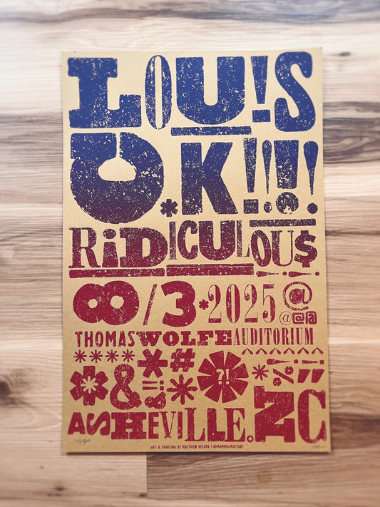 Louis CK Poster, Official Louis CK Asheville 2025 poster, Handmade Screen Print