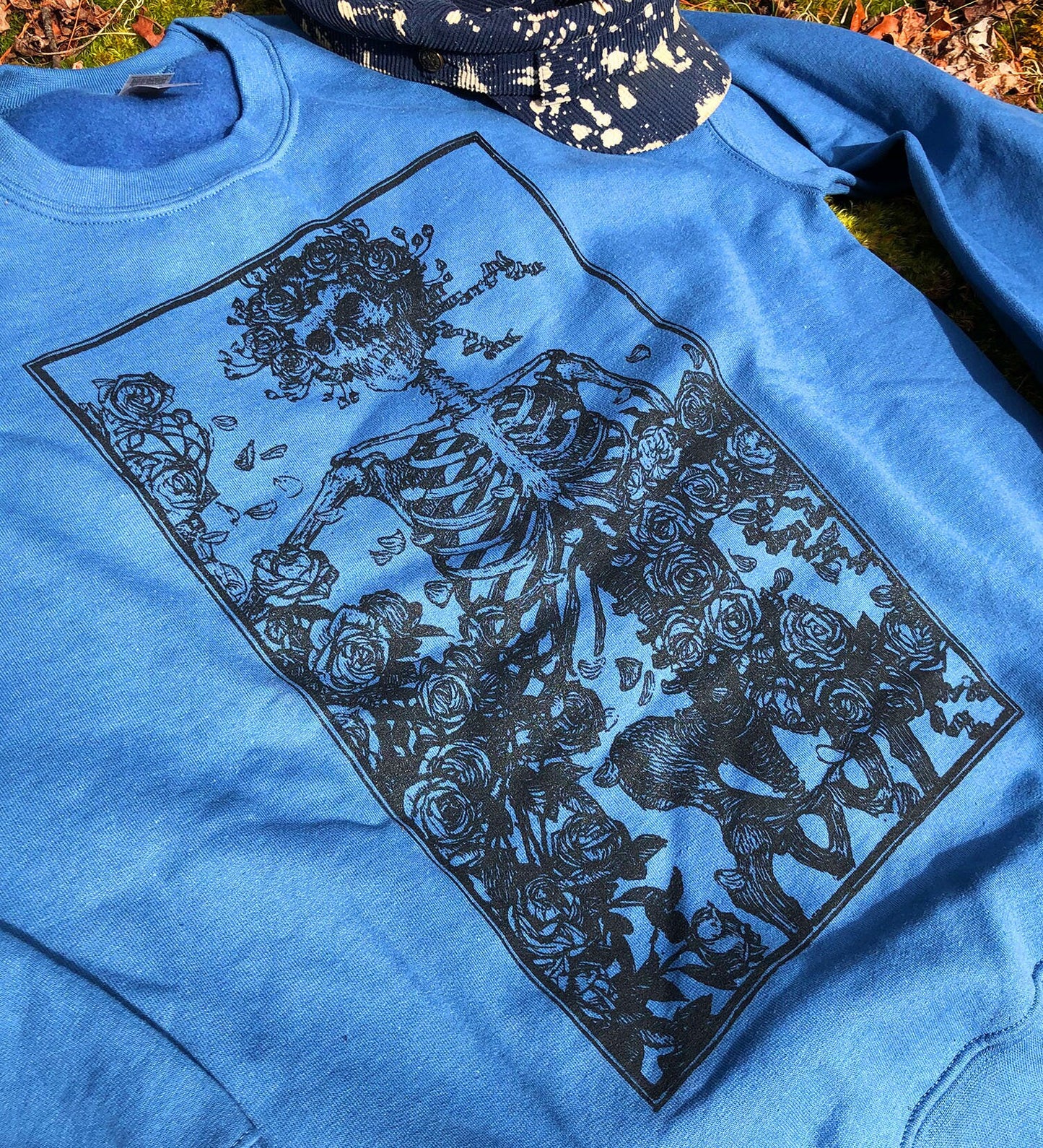 Skeleton & Roses Sweatshirt, Grateful Dead Sweatshirt, Vintage Art Pullover Sweatshirt, Oversized Crew, Handmade Screen Print