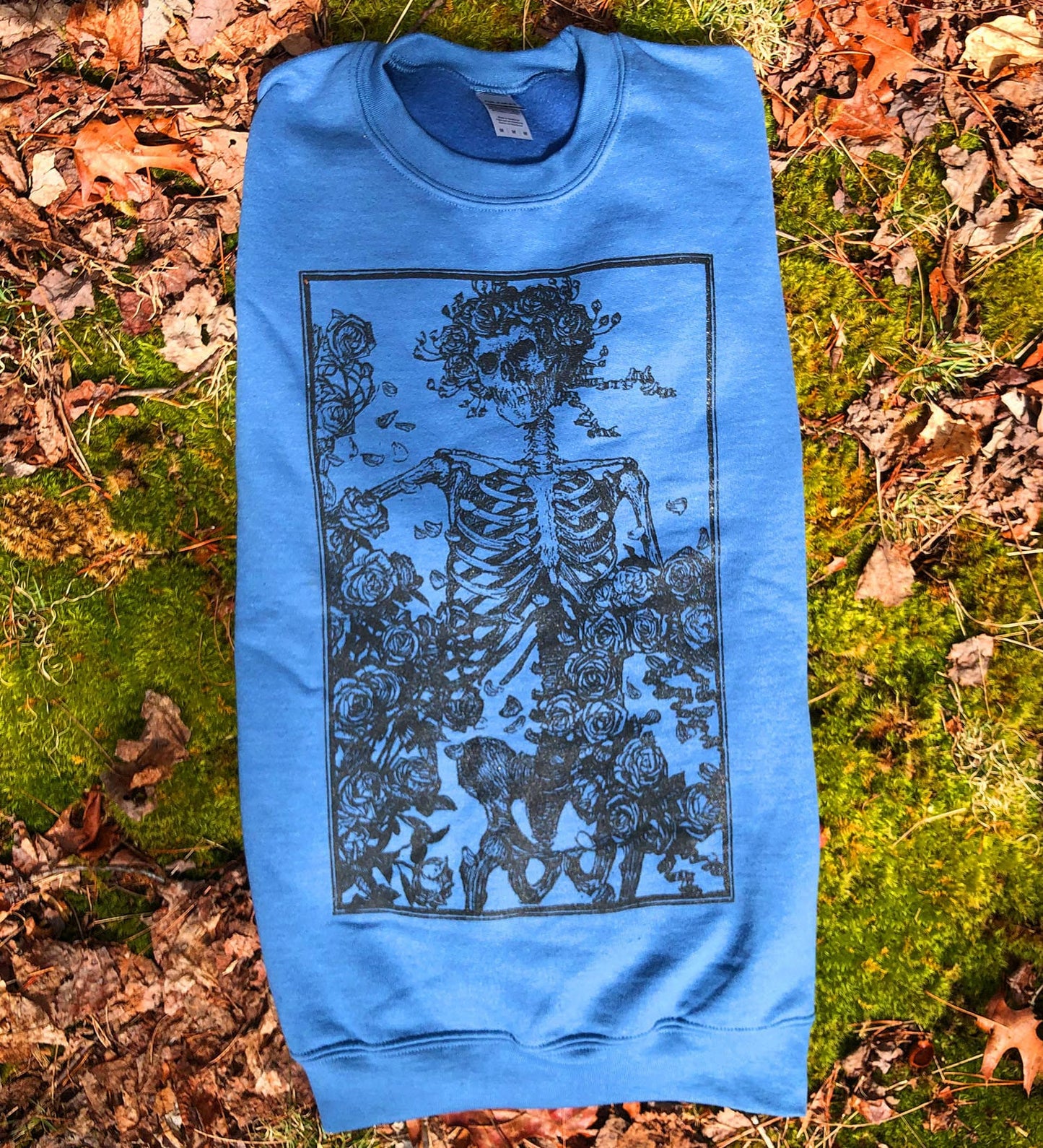 Skeleton & Roses Sweatshirt, Grateful Dead Sweatshirt, Vintage Art Pullover Sweatshirt, Oversized Crew, Handmade Screen Print