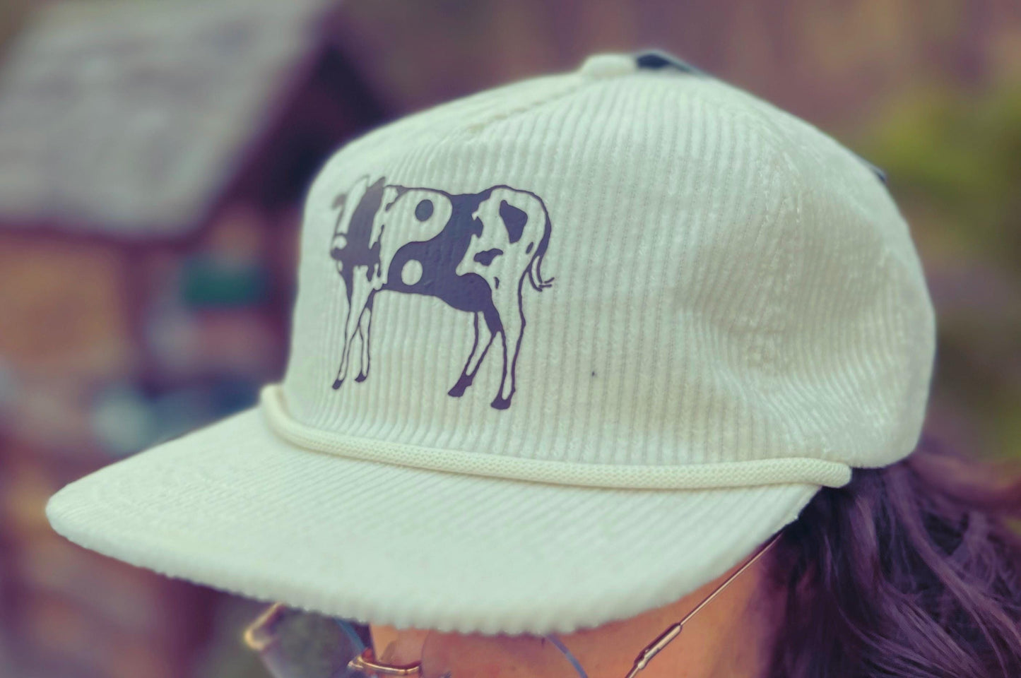 Be here now Brown Cow hat, Yin Yang Cow hat, Cow lover hat, Ivory Corduroy hat