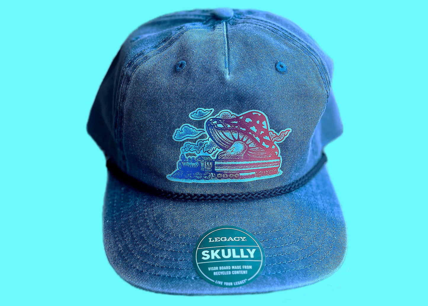 Mushroom Train hat, Bluegrass fan hat, Blue Denim Adjustable Hat, Blue Corduroy Hat