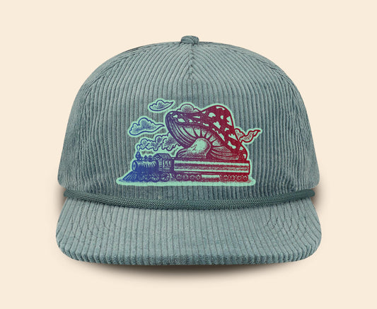 Mushroom Train hat, Bluegrass fan hat, Blue Denim Adjustable Hat, Blue Corduroy Hat