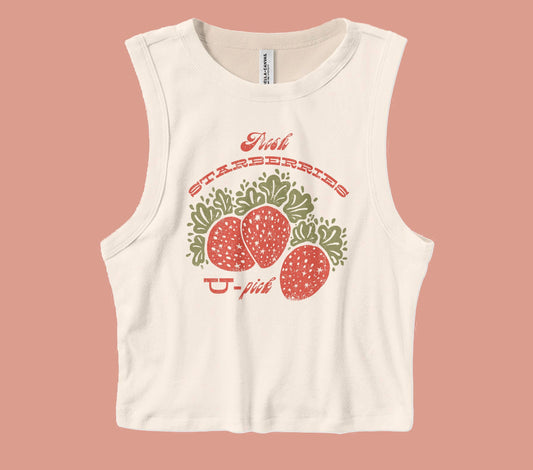 Vintage Star berries Tee, Retro Strawberry Shirt, Cosmic Strawberry shirt, Strawberry gift, Bella Canvas® Women's Micro Rib Muscle Crop Tank