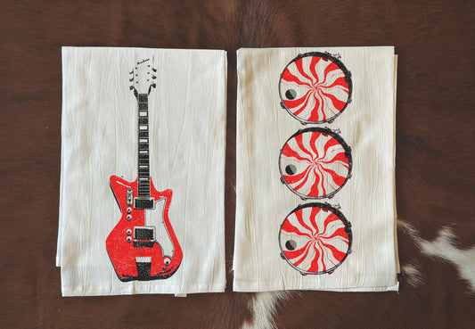 Jack White Red Guitar & Meg White Peppermint Drum Tea Towels Set | The White Stripes Retro Kitchen Decor | Set of 2