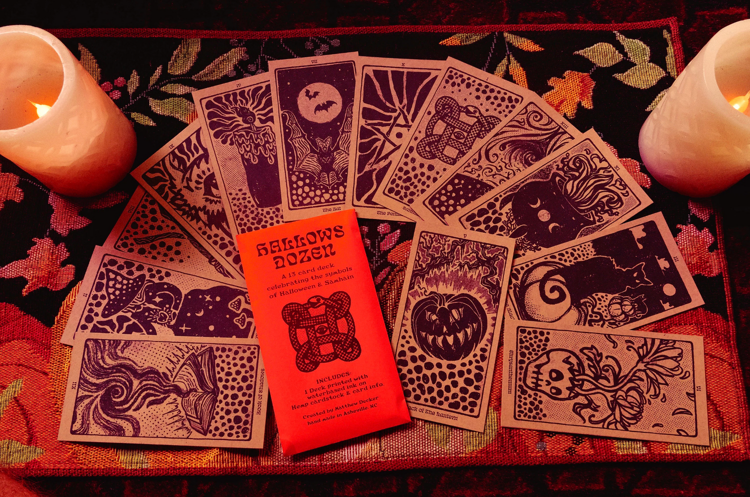 Hallows Doz. Card Deck - Symbols of Halloween & Samhain - 13 Cards, hand illustrated and printed on Hemp Card Stock