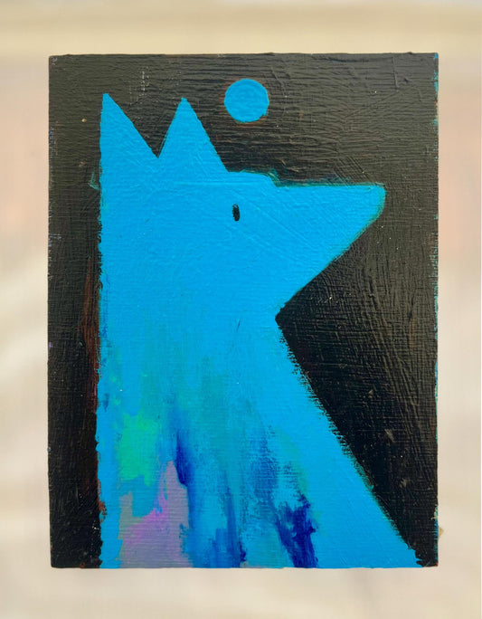 Blue Coyote Original Painting Small Folk Animal Wall Art Unique Gift for Art Lovers by Asheville Artist