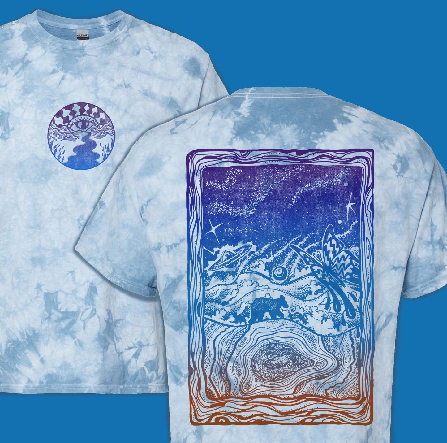 Mystic Mountain Crystal Dye Shirt, Psychedelic Nature Tee, Enchanted Nature Shirt, Handmade Screen Print