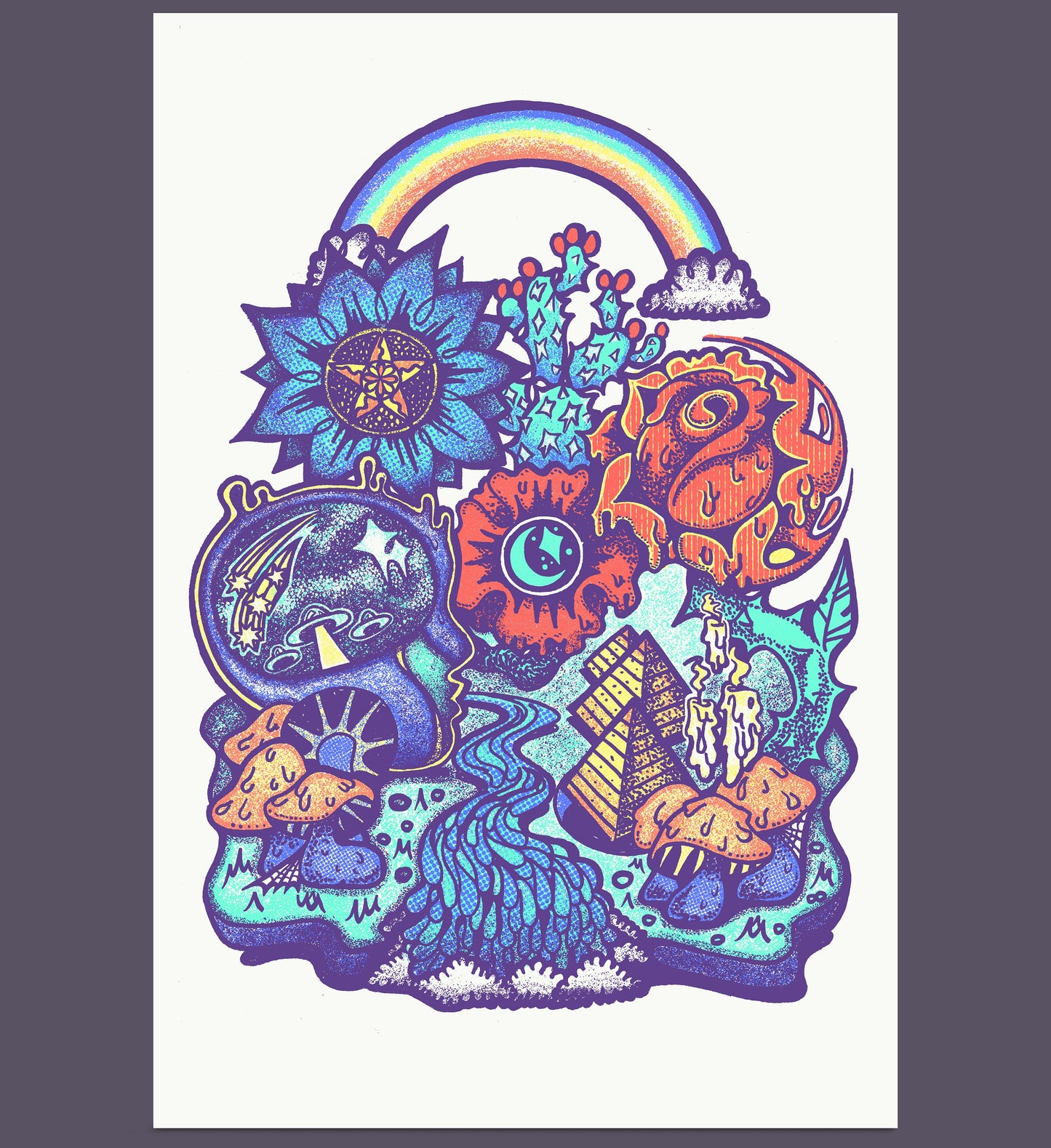 Psychedelic Art Print, Groovy Wall art, Rainbow, Flowers, mushrooms, waterfall, cactus art