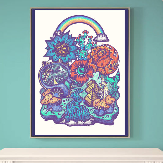 Psychedelic Art Print, Pyramid Country Wall art, Retro Psychedelic Home Decor, Rainbow, Flowers, mushrooms, waterfall, cactus art