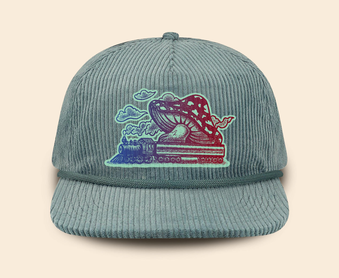 Mushroom Train hat, Bluegrass fan hat, Blue Denim Adjustable Hat, Blue Corduroy Hat