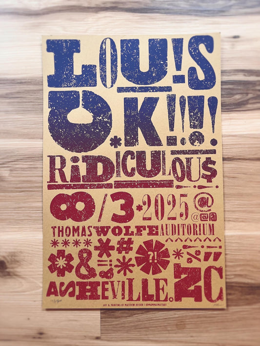 Louis CK Poster, Official Louis CK Asheville 2025 poster, Handmade Screen Print