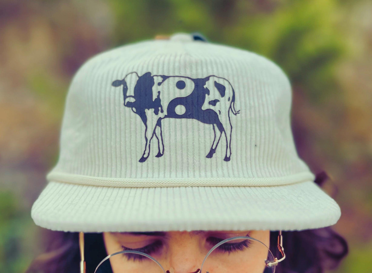 Be here now Brown Cow hat, Yin Yang Cow hat, Cow lover hat, Ivory Corduroy hat