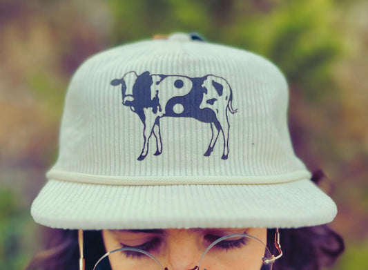 Be here now Brown Cow hat, Yin Yang Cow hat, Cow lover hat, Ivory Corduroy hat