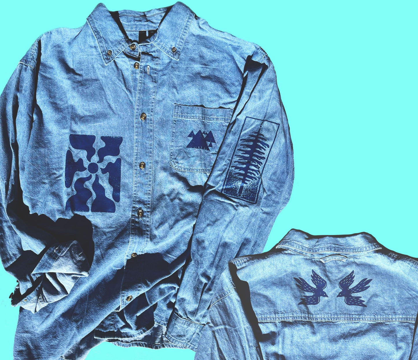 Nature Vibes Denim Button Up Long Sleeve Shirt | Botanical Forest Print Outdoor Adventure Top