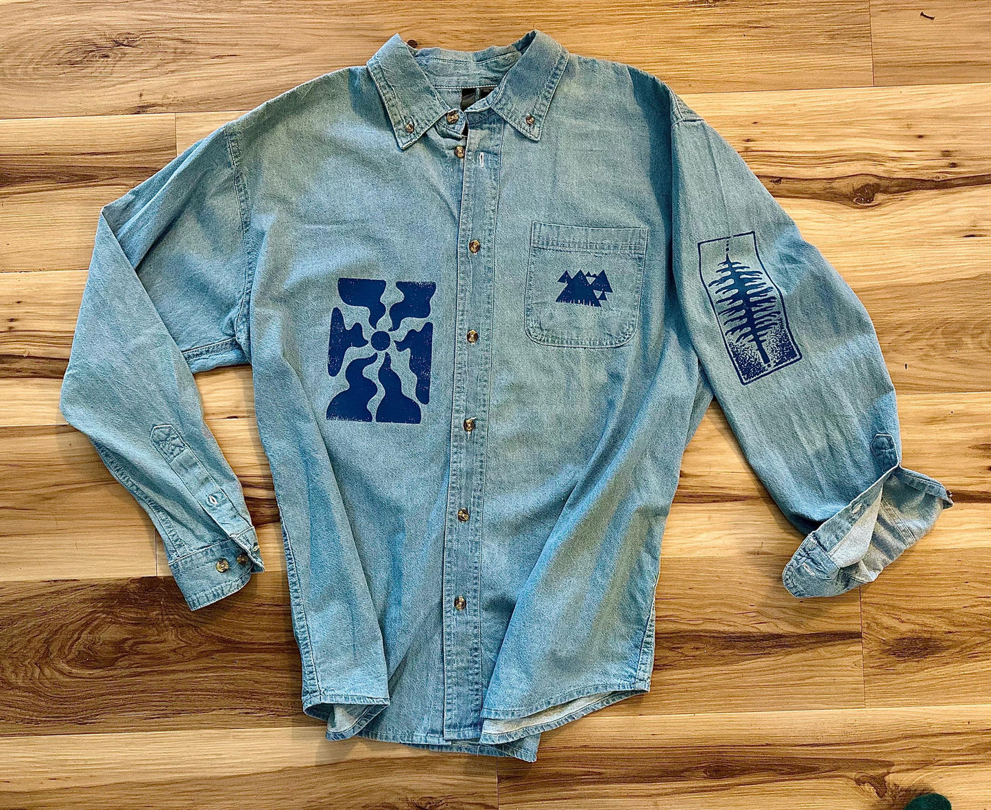 Nature Vibes Denim Button Up Long Sleeve Shirt | Botanical Forest Print Outdoor Adventure Top