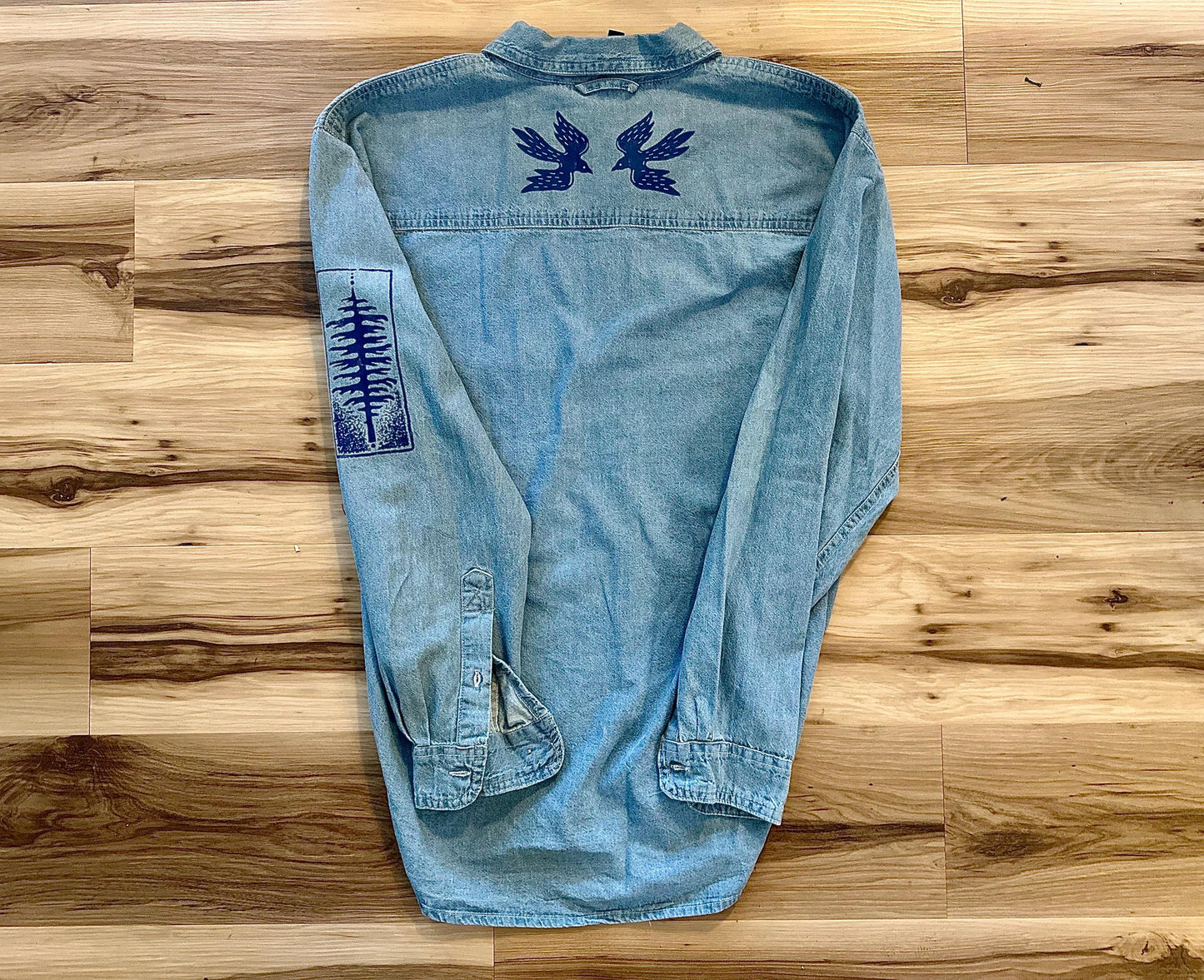 Nature Vibes Denim Button Up Long Sleeve Shirt | Botanical Forest Print Outdoor Adventure Top
