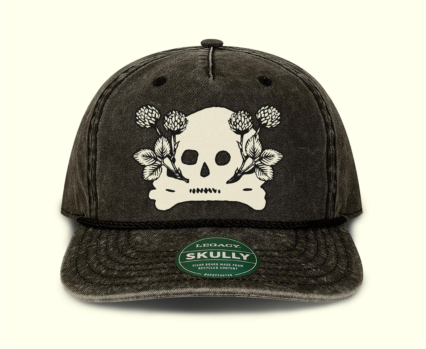 Skull Crossbones Clover Hat | Pigment Dyed Black Denim Hat
