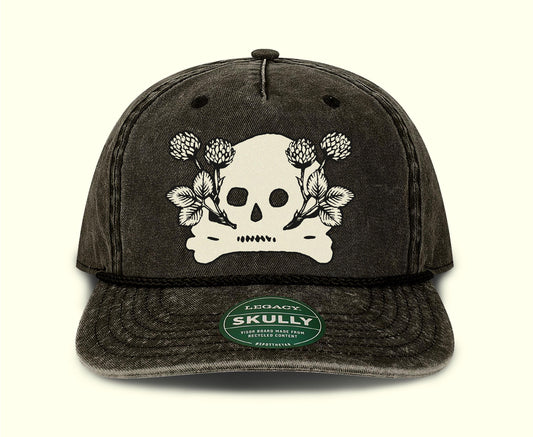 Skull Crossbones Clover Hat | Pigment Dyed Black Denim Hat