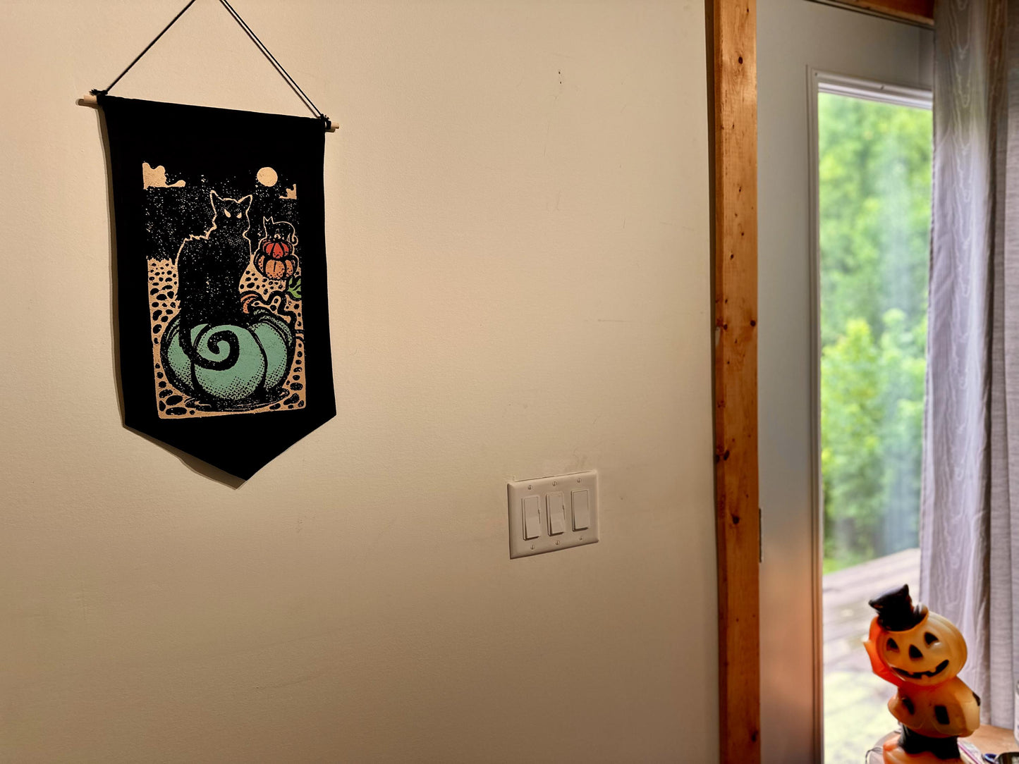 Black Cat Halloween Canvas Banner | Pumpkin Moon Pennant Wall Art | Spooky Year-Round Decor