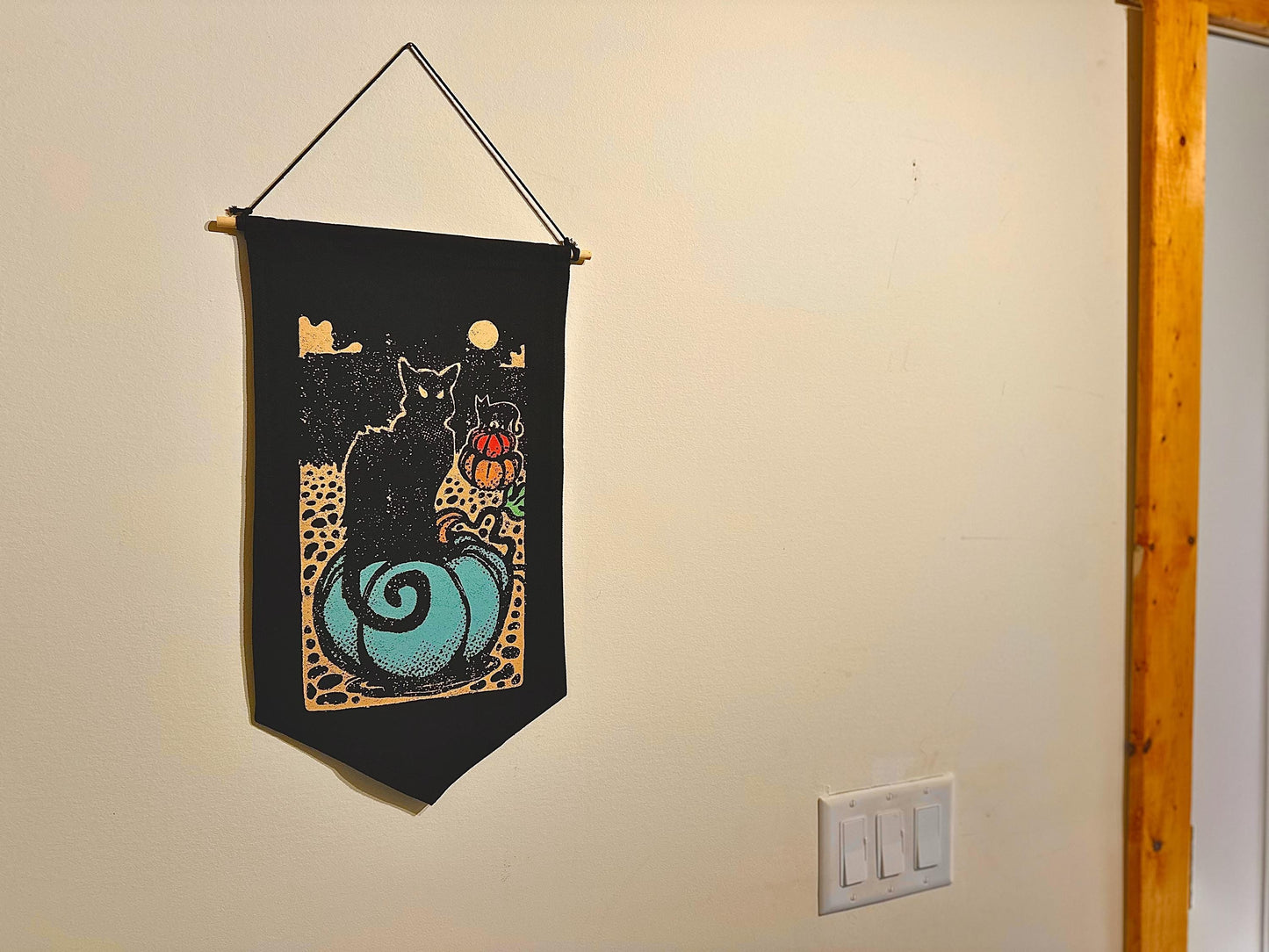 Black Cat Halloween Canvas Banner | Pumpkin Moon Pennant Wall Art | Spooky Year-Round Decor