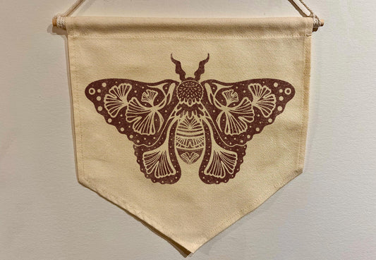 Ginkgo Floral Moth Folk Art | Cottagecore Botanical Canvas Wall Banner