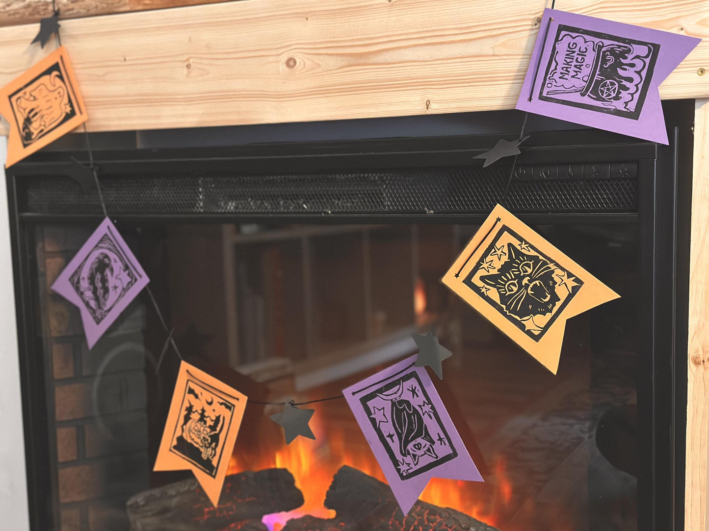 Handmade Linocut Vintage Halloween Banner | 6 Designs and Stars Pre-Strung Black Rope