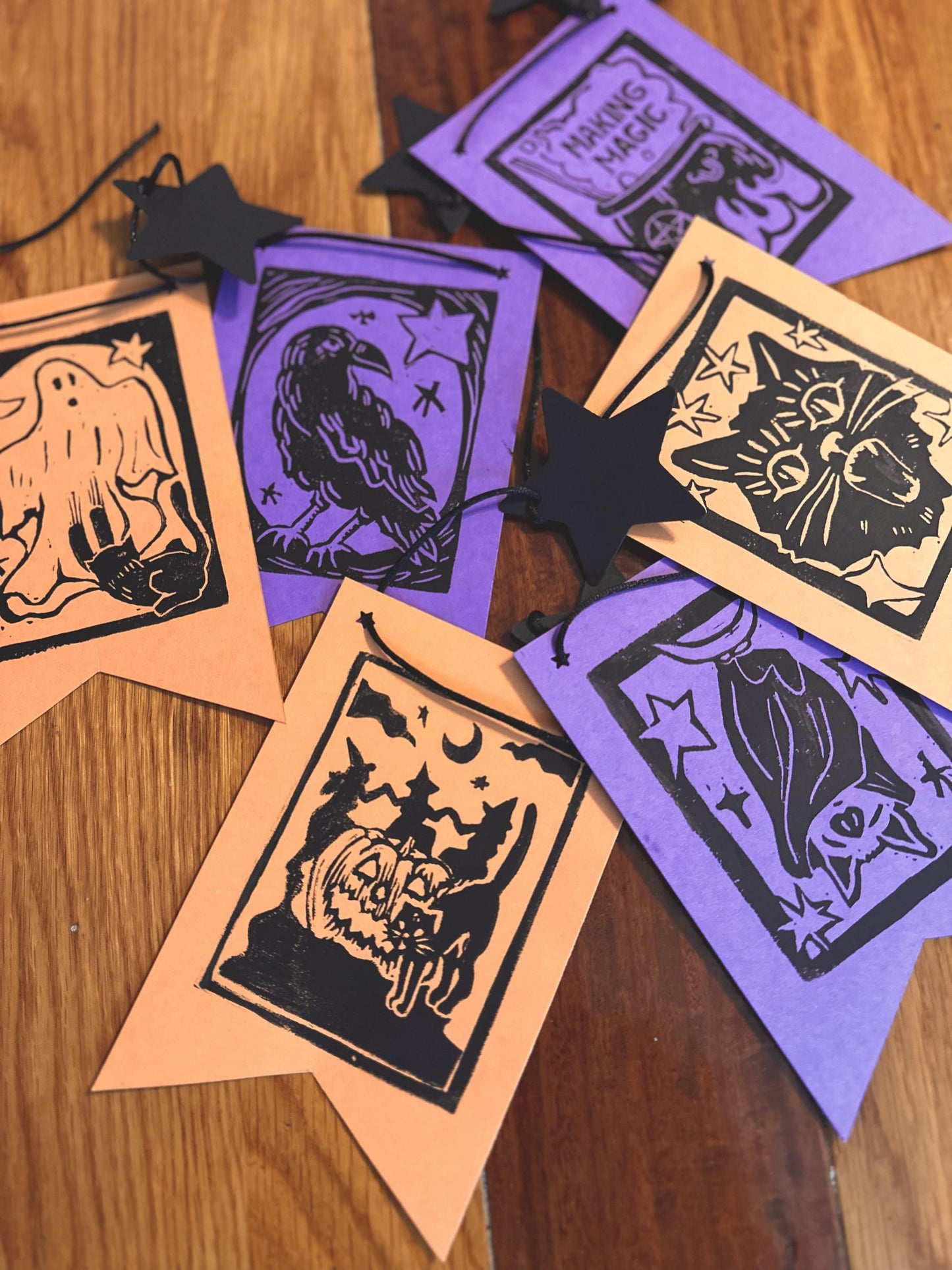 Handmade Linocut Vintage Halloween Banner | 6 Designs and Stars Pre-Strung Black Rope