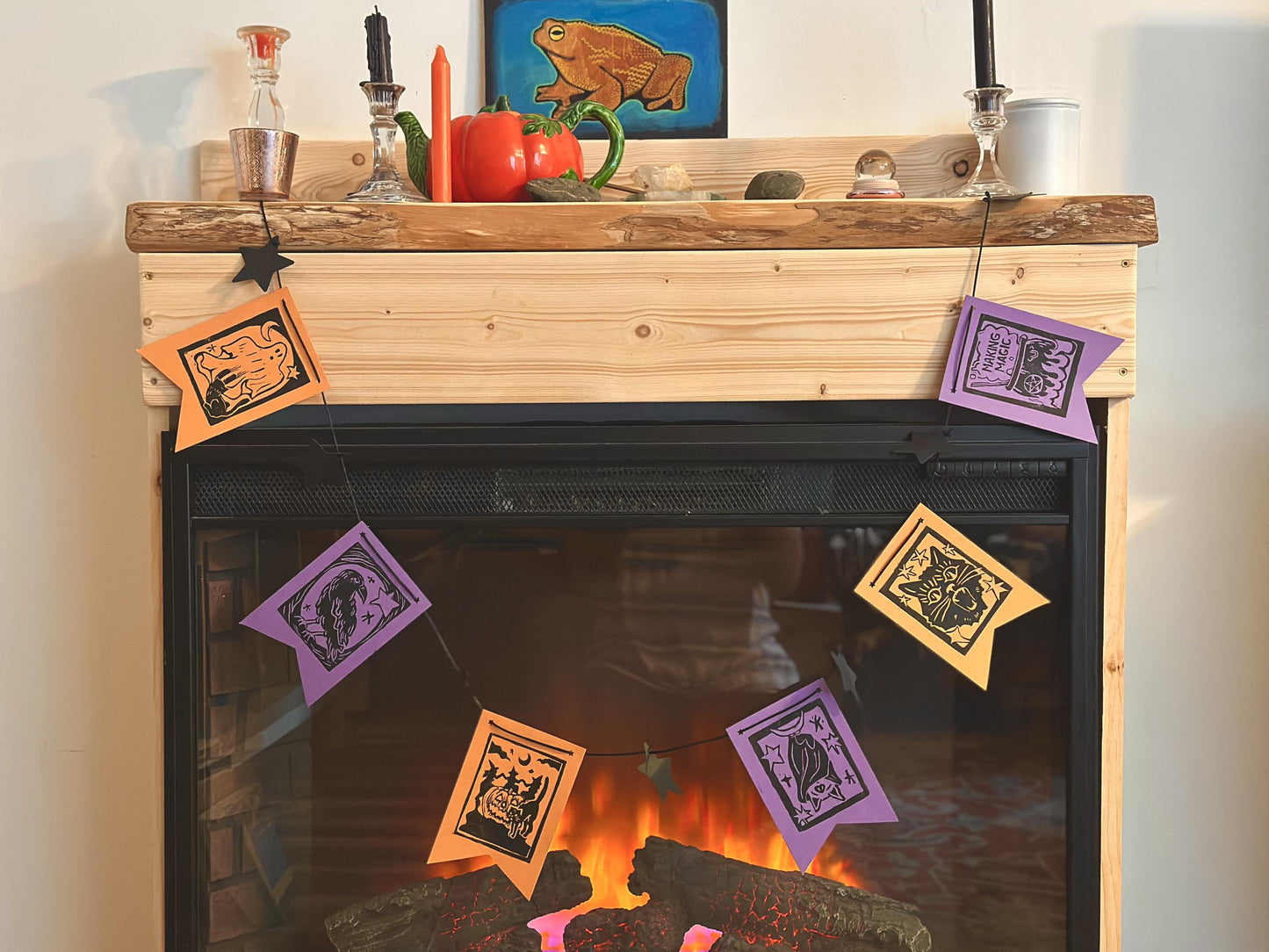 Handmade Linocut Vintage Halloween Banner | 6 Designs and Stars Pre-Strung Black Rope