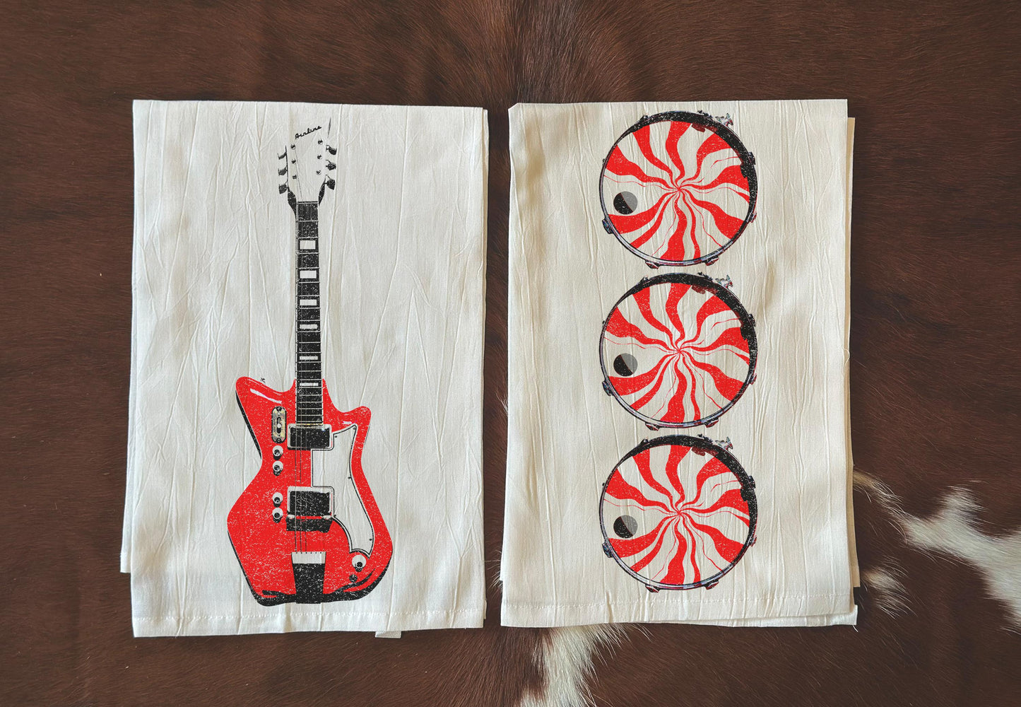 Jack White Red Guitar & Meg White Peppermint Drum Tea Towels Set |  The White Stripes Retro Kitchen Decor | Set of 2