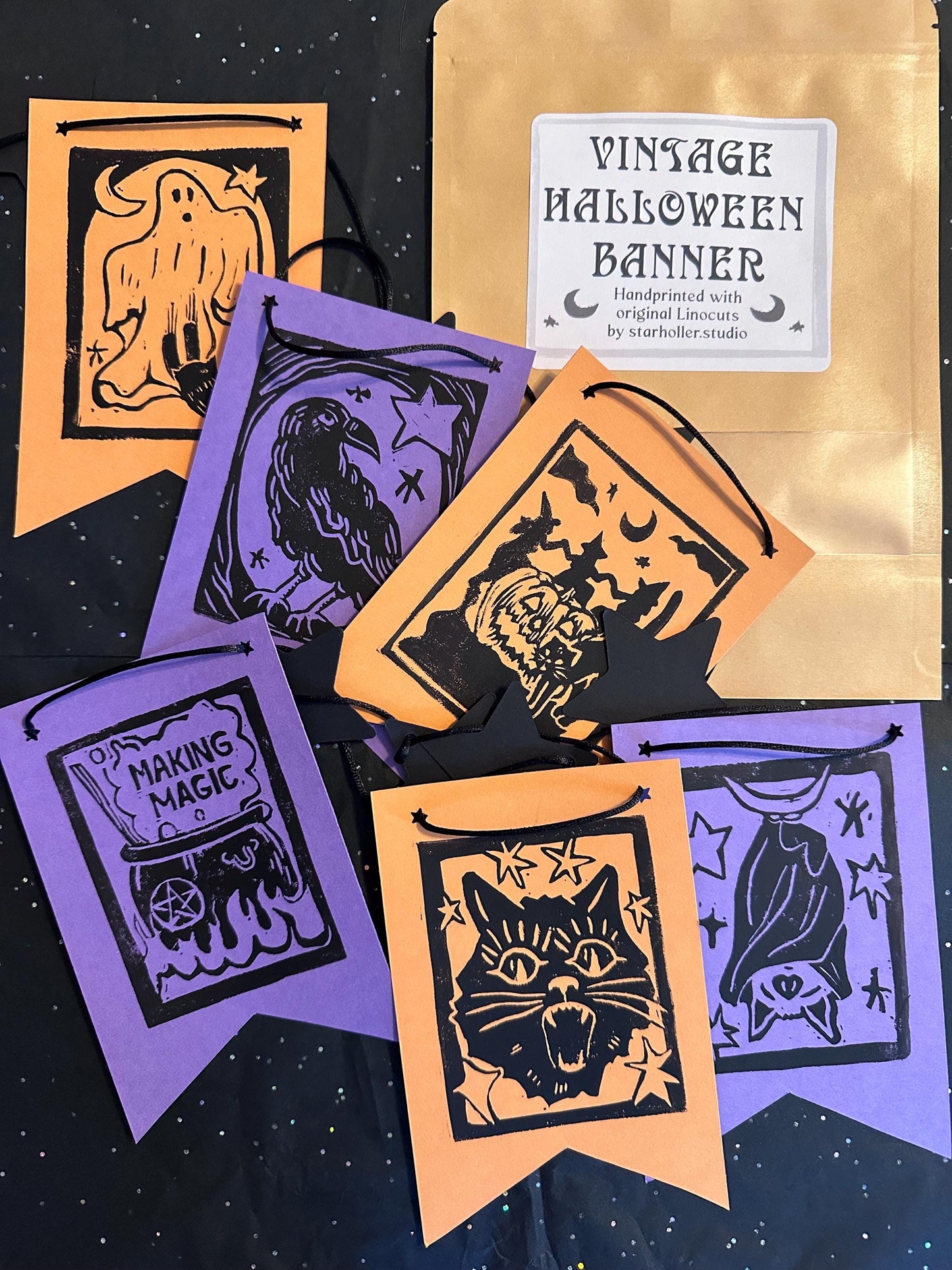 Handmade Linocut Vintage Halloween Banner | 6 Designs and Stars Pre-Strung Black Rope