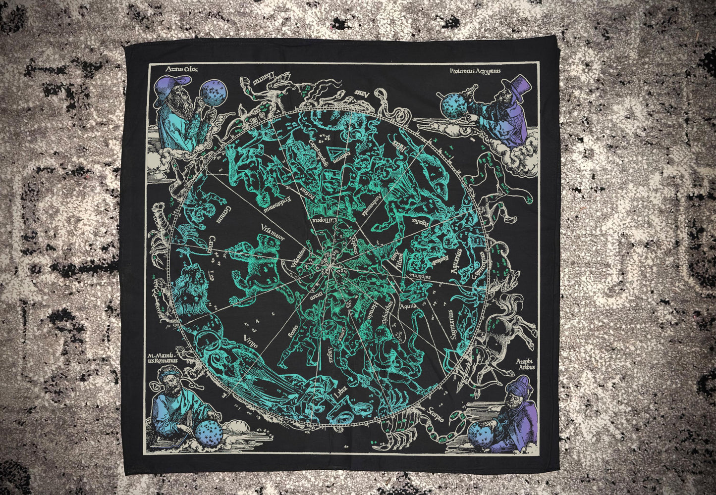 Vintage Celestial Astrology Bandana | 22x22" Black Cotton, Seafoam Green, Indigo and White ink