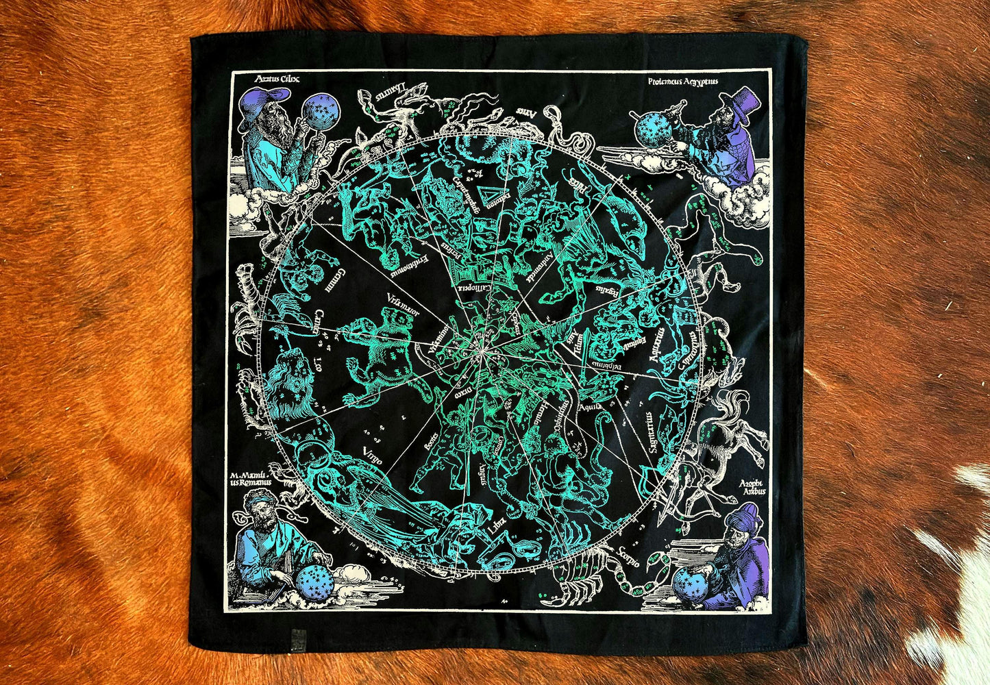 Vintage Celestial Astrology Bandana | 22x22" Black Cotton, Seafoam Green, Indigo and White ink