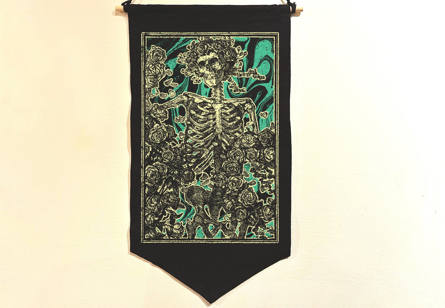 Dark Academia Vintage Skeleton Wall Banner | Grateful Dead Bertha Canvas Pennant with Wood Rod