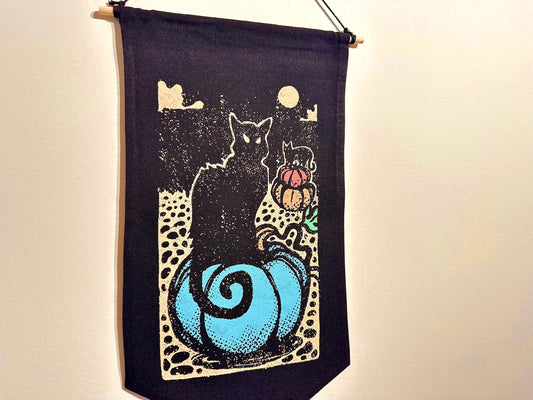 Black Cat Halloween Canvas Banner | Pumpkin Moon Pennant Wall Art | Spooky Year-Round Decor